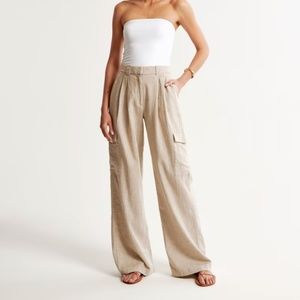 Abercrombie & Fitch Linen-Blend Tailored Ultra Wide-Leg Cargo Pant NWT